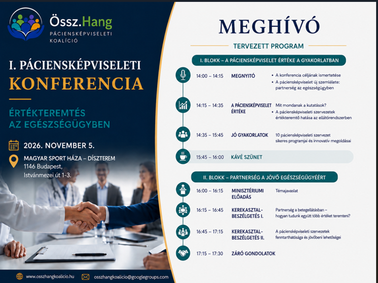 Össz.Hang Páciensképviseleti Koalíció – I. Páciensképviseleti Konferencia meghívó, 2026. november 5., Magyar Sport Háza, Budapest