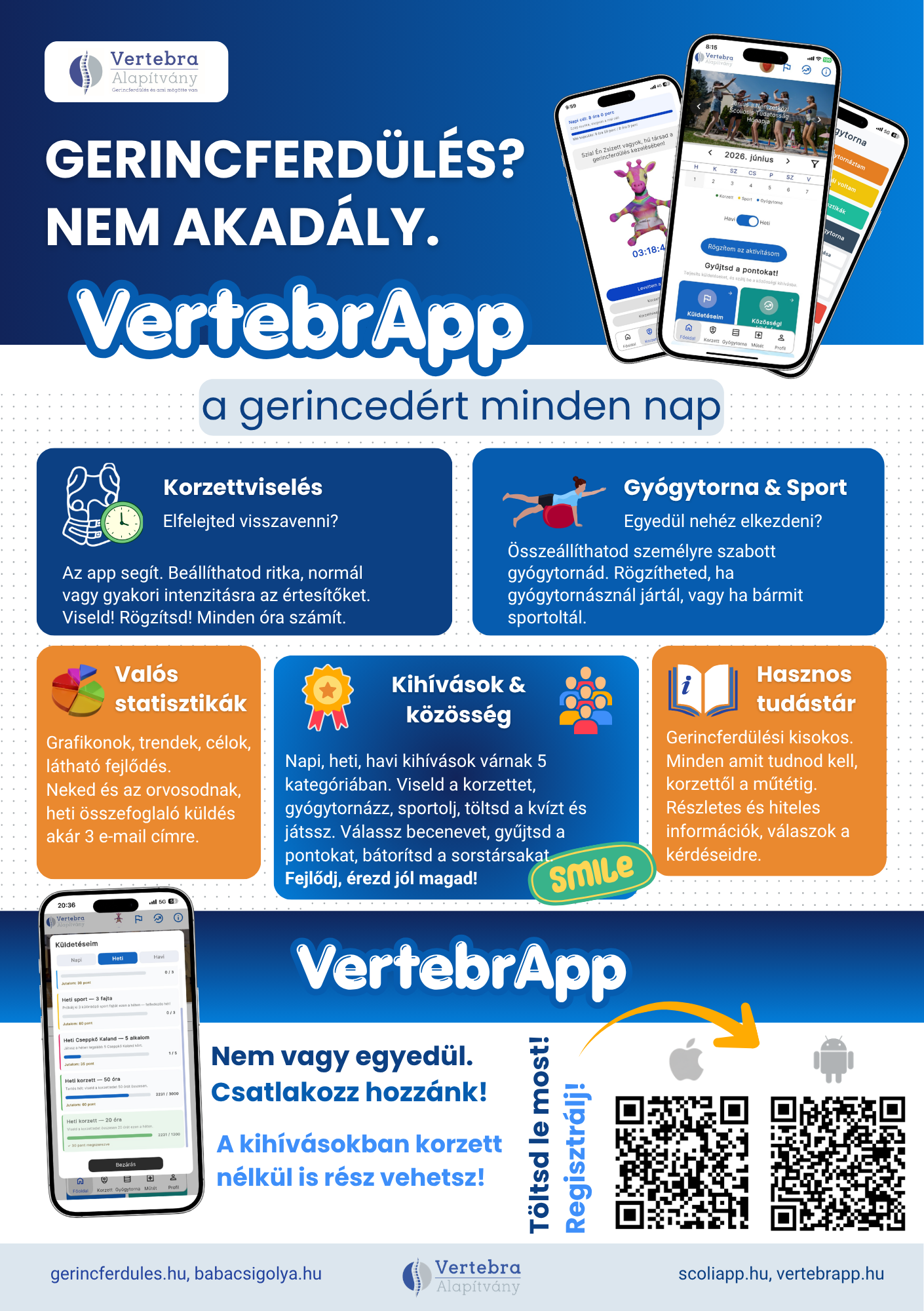 VertebrApp – gerincferdülés kezelését segítő mobilalkalmazás: korzettviselés, gyógytorna, statisztikák, kihívások és tudástár